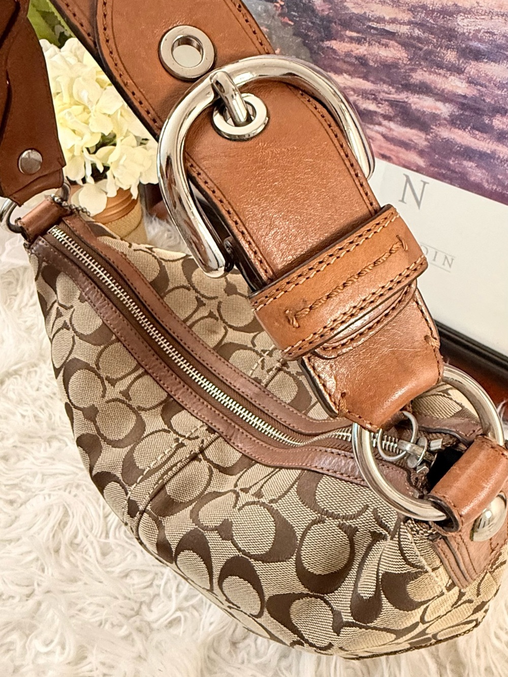 Coach Signature Canvas Hobo Bag in Beige and Brown - Picture 2 of 9